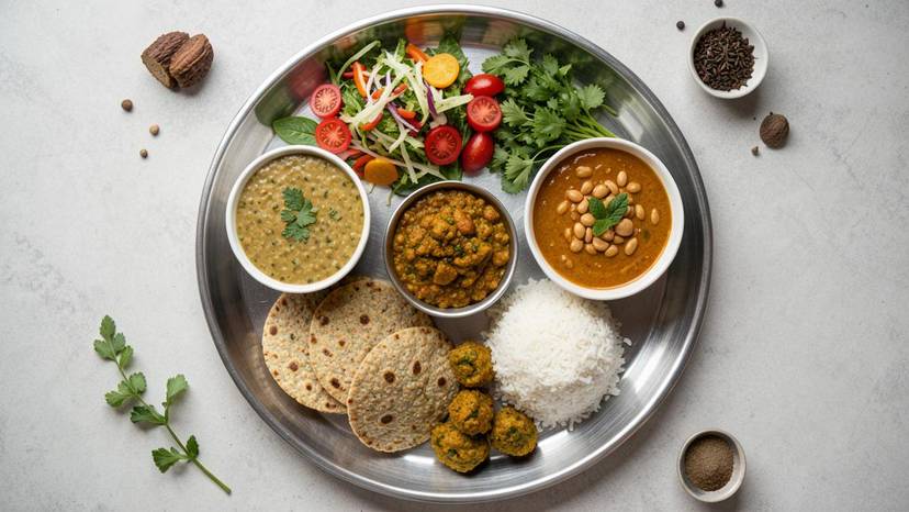 ગુજરાતી વેગન થાળીનો ખર્ચ વિશ્લેષણ દર્શાવતો ફોટો, જેમાં બાજરી રોટલા, દાળ, ભાજી અને ચોખા સાથે શાકાહારી આહારની કિંમત દર્શાવાઈ છે