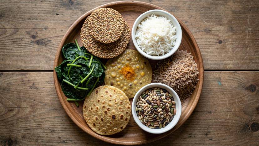 ગુજરાતી પ્લાન્ટ-બેઝ્ડ થાળી PCOS આહાર માટે જુવાર રોટલા અને શાકભાજી સાથે