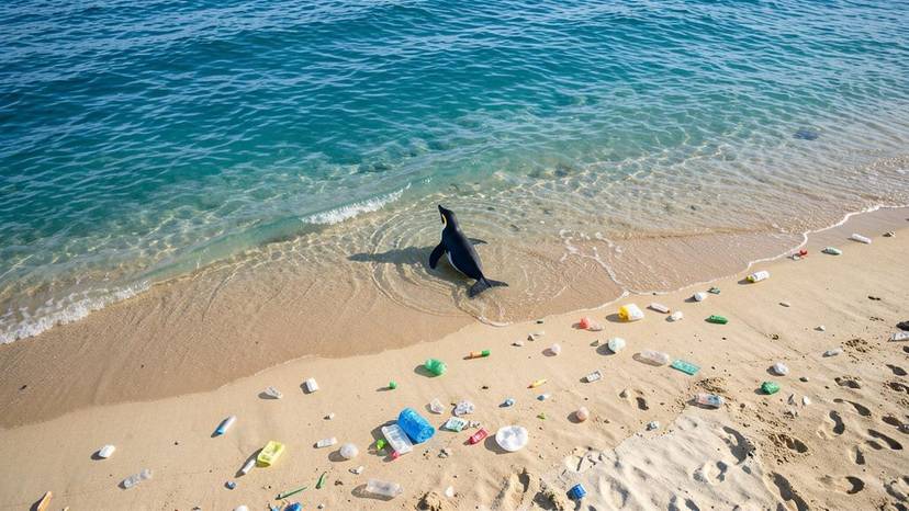Dalampasigan sa Pilipinas na may plastic waste at pawikan na lumalangoy, nagpapakita ng ocean-friendly living at plastic pollution