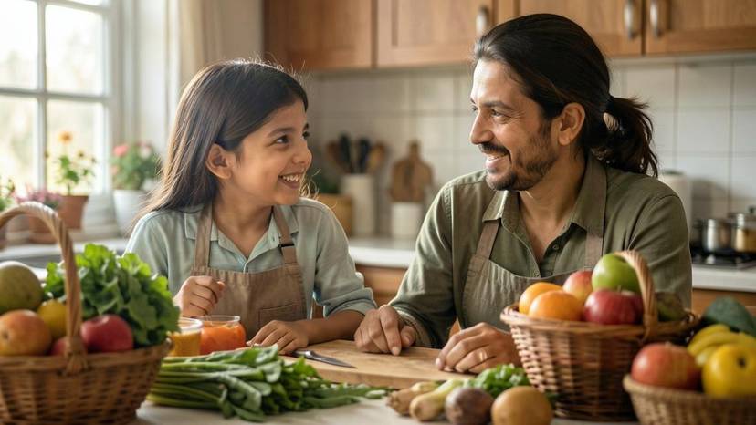 ਮਾਪੇ ਬੱਚੇ ਨੂੰ ਸਬਜ਼ੀਆਂ ਅਤੇ ਫਲਾਂ ਬਾਰੇ ਸਮਝਾਉਂਦੇ ਹੋਏ, ਰਸੋਈ ਵਿੱਚ, ਸ਼ਾਕਾਹਾਰੀ ਖੁਰਾਕ ਬਾਰੇ ਗੱਲ ਕਰਦੇ ਹੋਏ