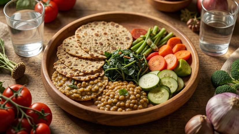 બ્લુ ઝોન આહાર ગુજરાતી થાળી મિલેટ રોટલી દાળ શાકભાજી ટકાઉ જીવન પ્લાન્ટ-બેઝ્ડ ભોજન