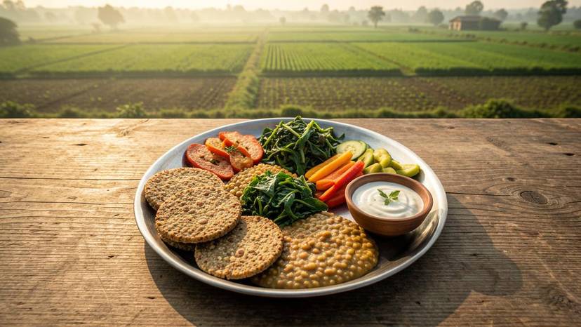 ગુજરાતી થાળી EAT-Lancet પ્લેનેટરી હેલ્થ ડાયેટ અનુસાર બાજરી, દાળ અને શાકભાજી સાથે