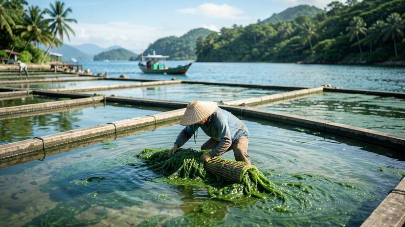 Aerial view ng algae farming ponds sa Pilipinas, may mga manggagawang nag-aani ng seaweed, malinaw na asul na tubig at tropikal na baybayin.