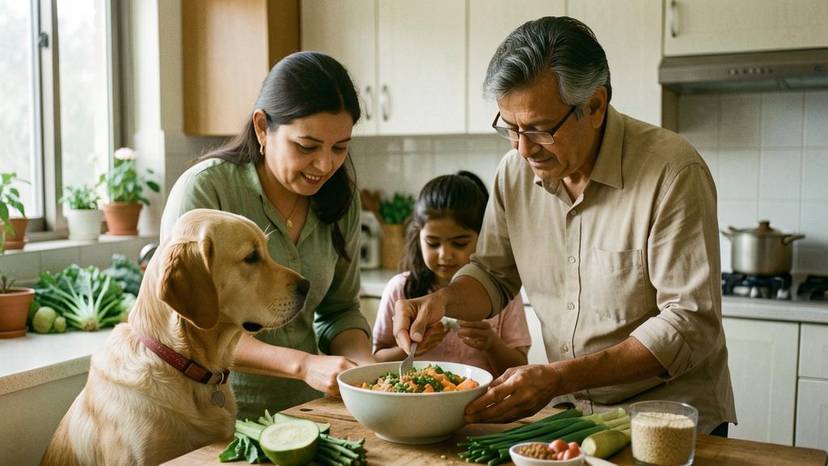 ગુજરાતમાં વેગન પેટ ફૂડ કૂતરાને ખવડાવતા પરિવાર, પોષણ અને નૈતિકતા