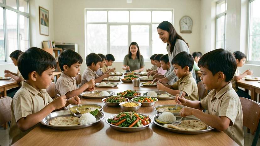 ગુજરાતમાં શાળા ભોજન સુધારણા હેઠળ બાળકો પ્લાન્ટ-બેઝ્ડ ભોજન લેતાં, પ્રાણી કલ્યાણ અને જૈવવિવિધતા માટે ટકાઉ આહાર