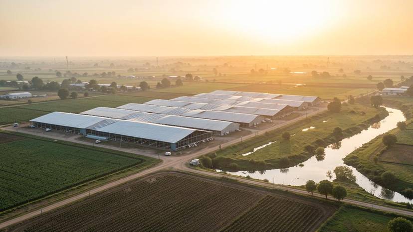ਪੰਜਾਬ ਵਿੱਚ ਫੈਕਟਰੀ ਫਾਰਮਿੰਗ ਦੇ ਸੈਟੇਲਾਈਟ ਦ੍ਰਿਸ਼ ਵਿੱਚ ਵੱਡੇ ਪੋਲਟਰੀ ਸ਼ੈੱਡ ਅਤੇ ਖੇਤੀ ਜ਼ਮੀਨ
