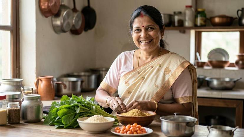 મેનોપોઝ અને પ્લાન્ટ-બેઝ્ડ આહાર માટે ગુજરાતી મહિલા તાજા શાકભાજી અને સોયા સાથે રસોડામાં