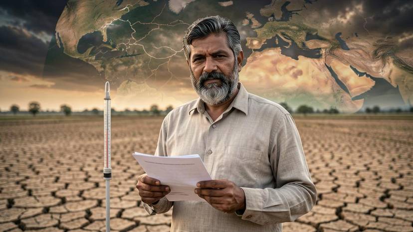 ગુજરાતના ખેડૂત વીમા દસ્તાવેજ સાથે સૂકા ખેતરમાં, ક્લાઈમેટ રિસ્ક ઈન્સ્યોરન્સ ગુજરાત શોધ માટે