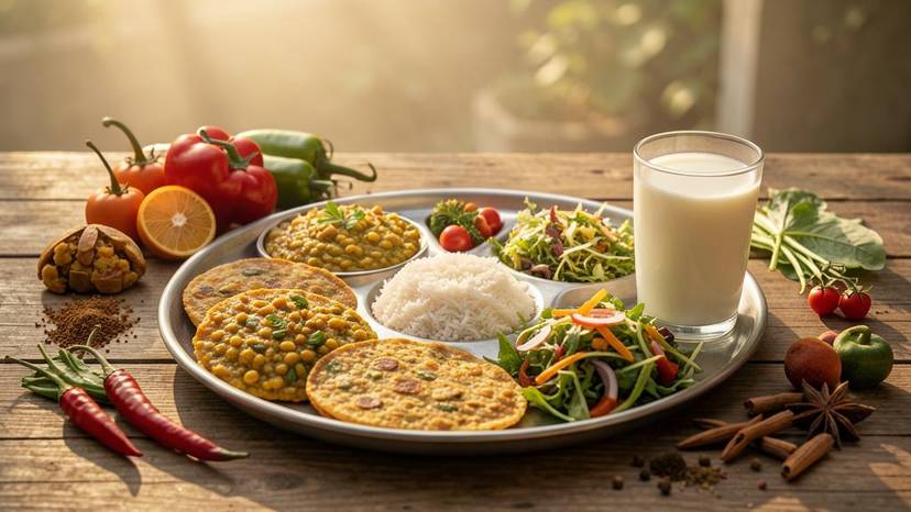 ગુજરાતી પ્લાન્ટ-બેઝ્ડ થાળી, વેગન અંધું, થેપલા અને સોયા છાશ સાથે, 30 દિવસના આહાર યોજના માટે