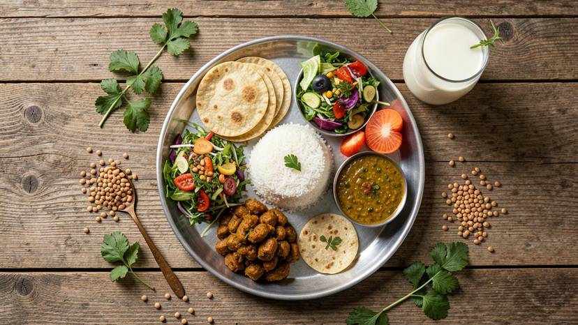 ગુજરાતી વેગન થાળીની ફ્લેટ-લે તસવીર, જેમાં ઉંધિયું, થેપલા, દાળ, ભાત અને પ્લાન્ટ-બેઝ્ડ દૂધ છે, વેગન આહાર ખર્ચ ગુજરાત દર્શાવે છે