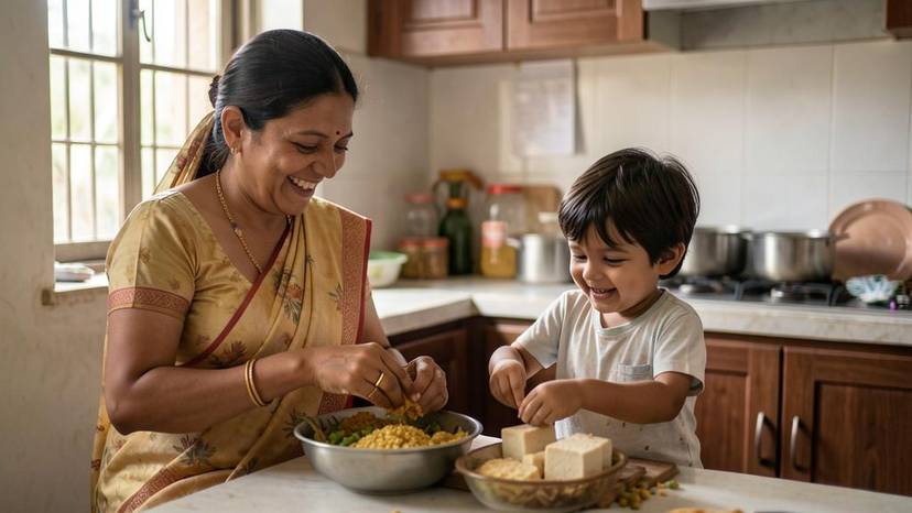 બાળકો સાથે શાકભાજી અને ટોફુ રાંધતી માતા, શરમ-મુક્ત પ્રાણી અને ખોરાક શિક્ષણ