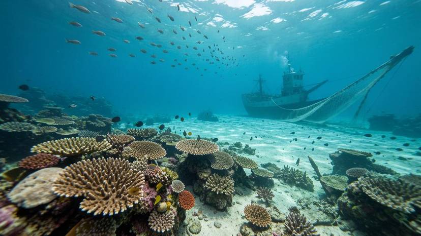Coral reef sa Pilipinas na may industrial fishing trawler shadow, marine biodiversity