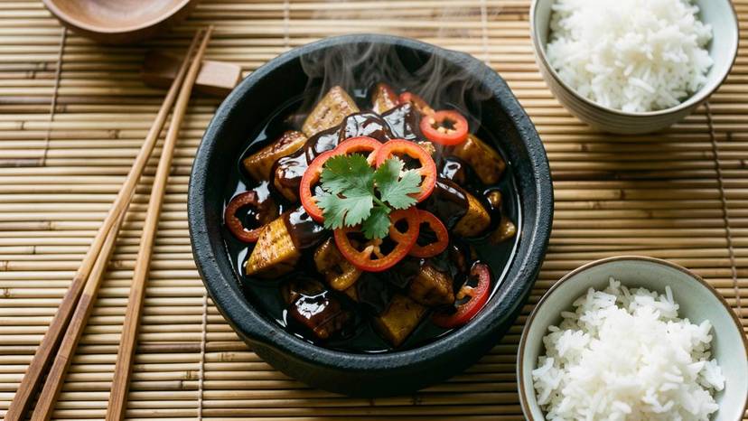 Vegan adobong pusit recipe na may plant-based squid rings sa soy sauce glaze, sili at cilantro, handa na kainin sa Pilipinas