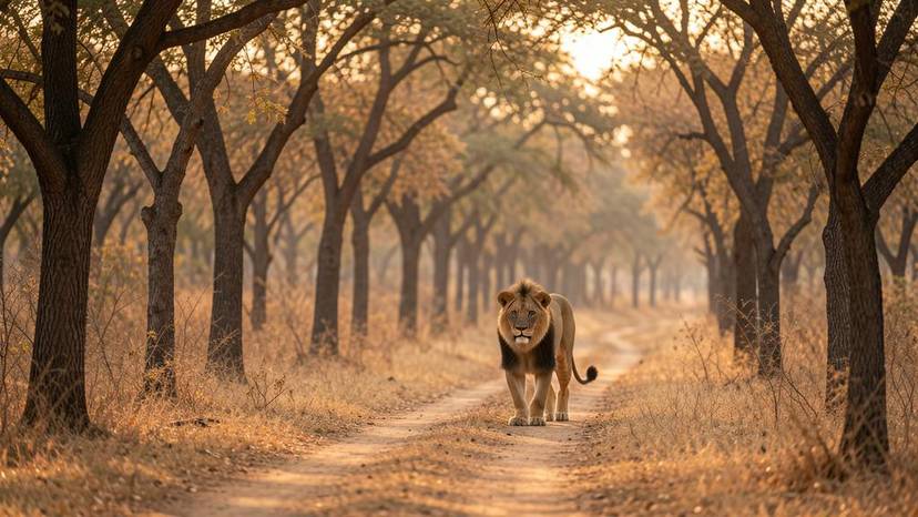ગુજરાતમાં નૈતિક વન્યજીવ પ્રવાસન: ગીર જંગલમાં એશિયાટિક સિંહ સફારી દરમિયાન દૂર ચાલતો દેખાય છે