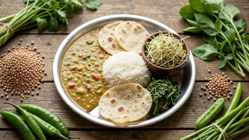 ગુજરાતી વેગન થાળીમાં દાળ, ભાત, રોટલી અને અંકુરિત દાળો – પ્રોટીન કોમ્બિનેશન મિથ ડિબંક્ડ