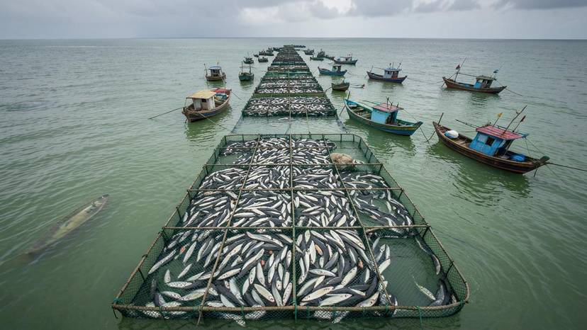 Industrial fish farm sa Pilipinas na may siksik na kulungan ng isda at maulap na tubig, pinagmumulan ng zoonotic disease at pandemya