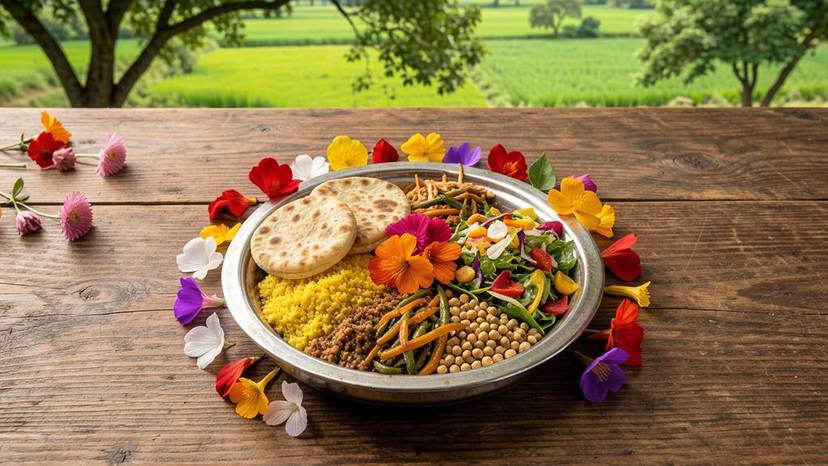 ગુજરાતી શાકાહારી થાળી લીલા ખેતરમાં ટકાઉ ભોજન અને વન્યજીવન મૈત્રીપૂર્ણ શાકભાજી સાથે