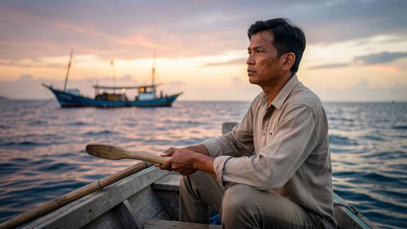 Mangingisdang Pilipino sa bangka sa madaling araw, simbolo ng overfishing sa Pilipinas