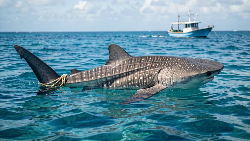 Whale shark na may fishing gear entanglement sa tubig ng Pilipinas, dokumentaryong larawan para sa marine conservation
