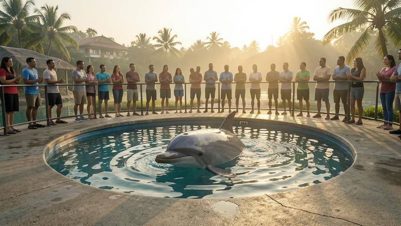 Dolphin sa cetacean captivity sa marine park Pilipinas, konkretong pool, turista