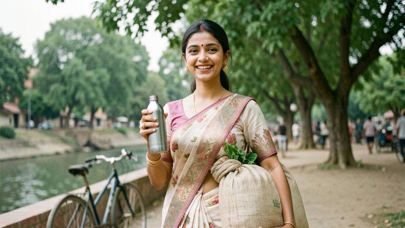 ઝીરો-વેસ્ટ વેગન ટ્રાવેલ ગુજરાતમાં રિવરફ્રન્ટ પર રીયુઝેબલ બોટલ સાથે પ્રવાસી