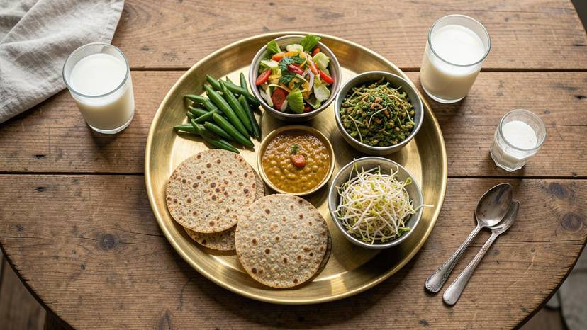શાકાહારી આહાર મિથ્સ ડિબંક્ડ - પૌષ્ટિક ગુજરાતી વેગન થાળી જેમાં બાજરી રોટલી, દાળ અને શાકભાજી છે