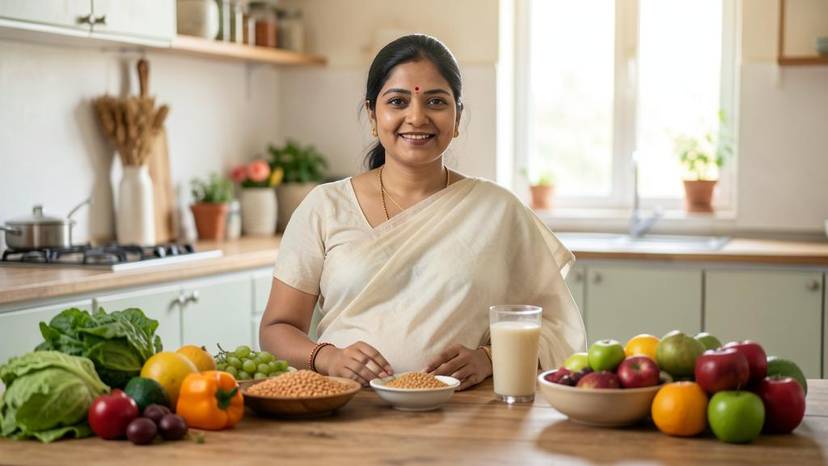 ગર્ભાવસ્થા દરમિયાન વેગન આહાર: ગુજરાતી સ્ત્રી તાજા શાકભાજી અને દાળ સાથે ટેબલ પર, ₹ બજેટ યોજના