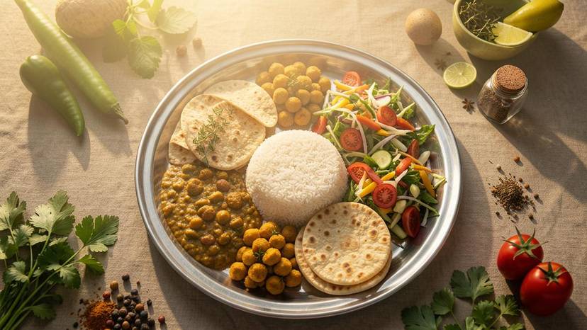 આબોહવા-મૈત્રીપૂર્ણ આહાર ગુજરાત થાળી પ્લાન્ટ-બેઝ્ડ શાકભાજી ભોજન
