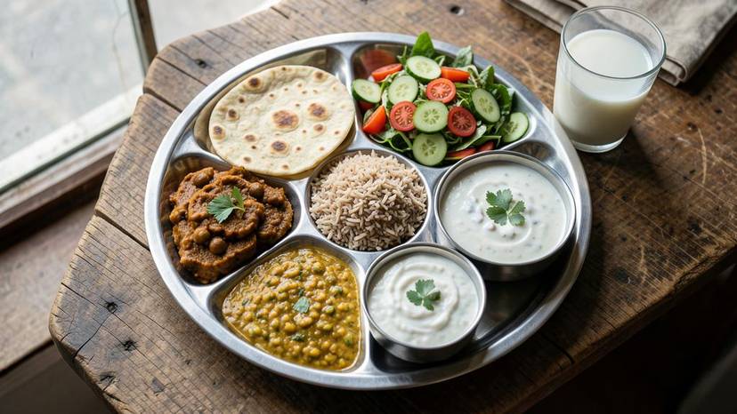 ਪੰਜਾਬ ਵਿੱਚ ਪੌਦਿਆਂ-ਅਧਾਰਤ ਖੁਰਾਕ ਲਈ ਰਵਾਇਤੀ ਥਾਲੀ ਜਿਸ ਵਿੱਚ ਛੋਲੇ, ਦਾਲ, ਰੋਟੀ ਅਤੇ ਸਲਾਦ ਸ਼ਾਮਲ ਹਨ