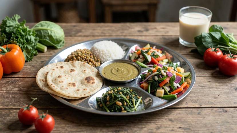 અમદાવાદની વેગન થાળી રેસિપી: રોટલી, દાળ, શાક, ભાત, સલાડ અને છાસ સાથે સ્ટીલની થાળી