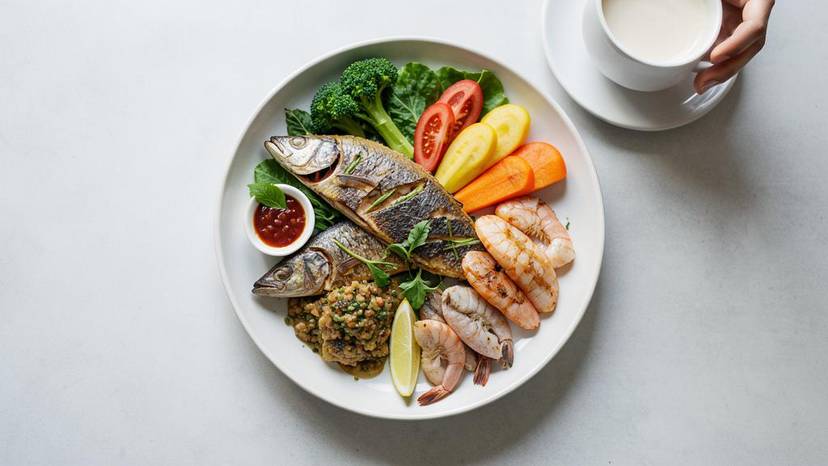 Vegan seafood platter na may plant-based na isda, pusit, at hipon sa restawran sa Maynila para sa karagatang walang isda