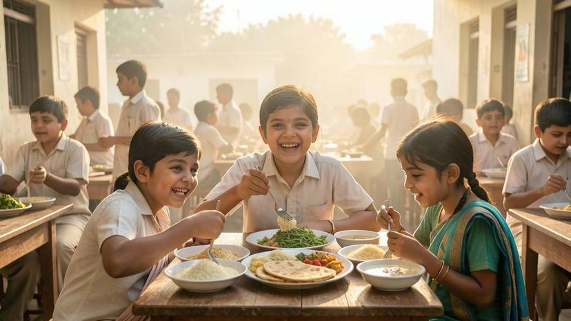 ગુજરાતની શાળામાં બાળકો વેગન થાળી ખાતા, શાળા ભોજન સુધારણા ગુજરાત