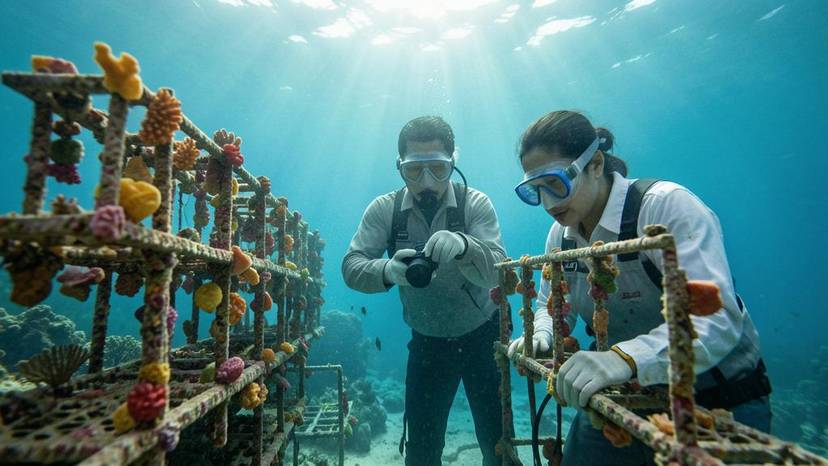 Coral reef restoration sa Pilipinas: coral fragments sa nursery frame na may marine biologist, 2026