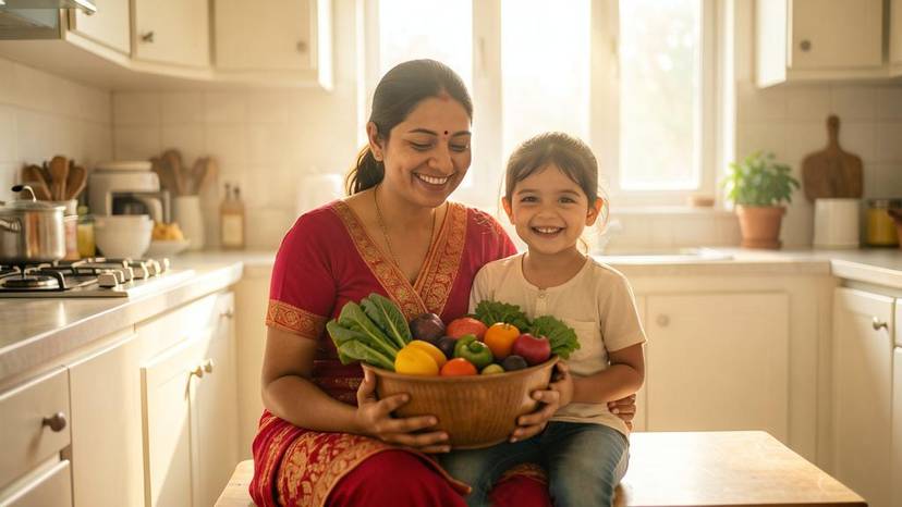 ગુજરાતી માતા અને બાળક શાકભાજી સાથે રસોડામાં, બાળકો સાથે માંસ-મુક્ત વાતચીત