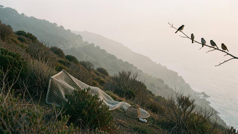 ਭੂਮੱਧ ਸਾਗਰ ਦੇ ਕੰਢੇ ਸੌਂਗਬਰਡ ਟ੍ਰੈਪਿੰਗ ਦਾ ਦ੍ਰਿਸ਼, ਜਾਲ ਅਤੇ ਪੰਛੀਆਂ ਦੀ ਤਸਕਰੀ ਦਾ ਪ੍ਰਤੀਕ