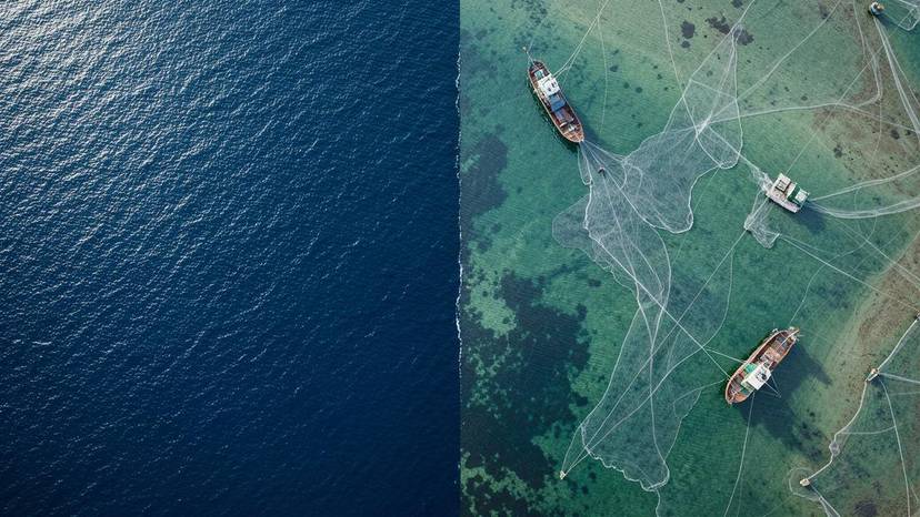 Industrial fishing bans sa mundo 2026: aerial view ng marine protected area vs trawler sa karagatan