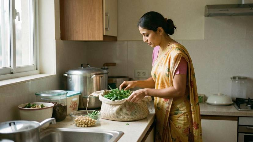 ગુજરાતમાં ઝીરો-વેસ્ટ જીવનશૈલીનો ઇતિહાસ: પરિવાર છૂટક શાકભાજી અને કાચની બરણીઓ સાથે કચરો ઘટાડતો દૃશ્ય