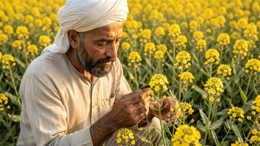 ਪੰਜਾਬ ਵਿੱਚ ਸਰ੍ਹੋਂ ਦੇ ਖੇਤ ਵਿੱਚ ਦੇਸੀ ਮਧੂ-ਮੱਖੀ ਫੁੱਲਾਂ 'ਤੇ ਬੈਠੀ ਹੋਈ, ਪਰਾਗਣਕਾਂ ਦੀ ਰੱਖਿਆ ਲਈ ਪੌਦਿਆਂ-ਅਧਾਰਤ ਖੇਤੀ ਦਾ ਪ੍ਰਤੀਕ