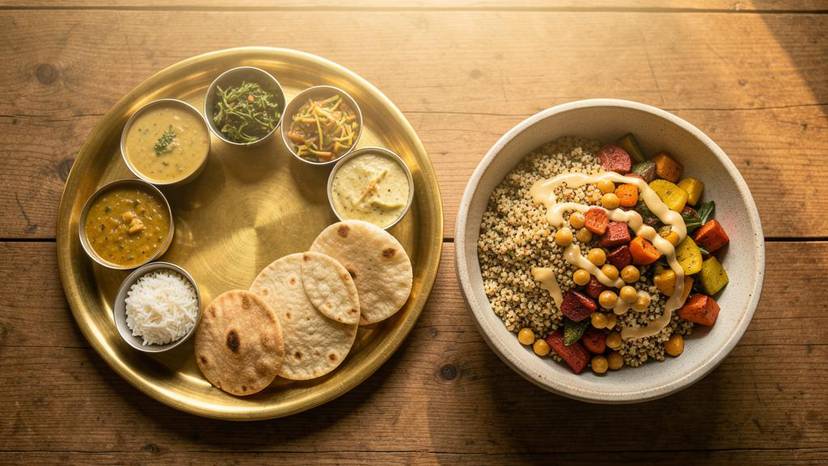 ગુજરાતી થાળી અને પ્લાન્ટ-બેઝ્ડ બાઉલની સરખામણી, પોષણ અને ટકાઉપણા માટે