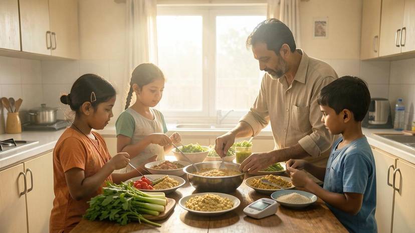 ગુજરાતમાં ટાઇપ 2 ડાયાબિટીસ રિવર્સલ માટે પ્લાન્ટ-બેઝ્ડ આહાર સાથે ભોજન બનાવતો પરિવાર