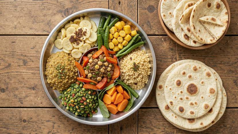 શાકાહારી ભોજન શું છે – પૌષ્ટિક શાકાહારી થાળી જેમાં દાળ, શાકભાજી, ચોખા અને રોટલી છે