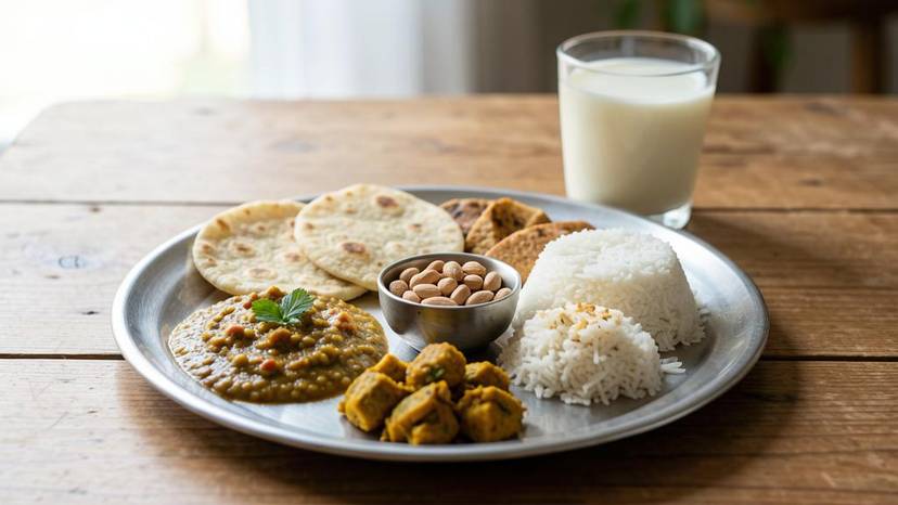 ਪ੍ਰੋਟੀਨ ਕੰਬਾਈਨਿੰਗ ਮਿੱਥ ਨੂੰ ਤੋੜਦੀ ਪੰਜਾਬੀ ਸ਼ਾਕਾਹਾਰੀ ਥਾਲੀ ਜਿਸ ਵਿੱਚ ਦਾਲ, ਰਾਜਮਾ, ਛੋਲੇ ਅਤੇ ਰੋਟੀ ਸ਼ਾਮਲ ਹਨ