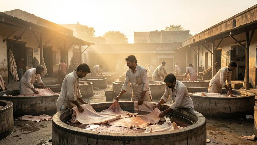 ਚਮੜਾ ਟੈਨਰੀ ਵਿੱਚ ਮਜ਼ਦੂਰ ਜਾਨਵਰਾਂ ਦੀਆਂ ਖੱਲਾਂ ਨਾਲ ਕੰਮ ਕਰਦੇ ਹੋਏ, ਲੁਧਿਆਣਾ ਪੰਜਾਬ, ਨੈਤਿਕ ਫੈਸ਼ਨ ਲਈ ਚਮੜਾ ਉਦਯੋਗ ਦੀ ਅਸਲੀਅਤ