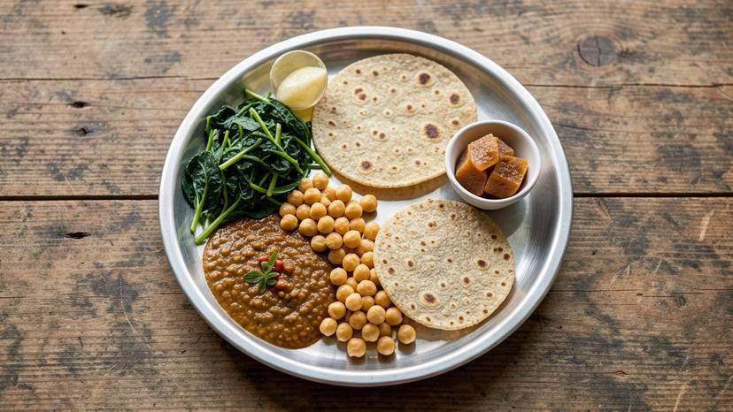 પ્લાન્ટ-બેઝ્ડ આહાર આયર્ન ગુજરાતી થાળી પાલક દાળ ચણા બાજરી રોટલી ગોળ