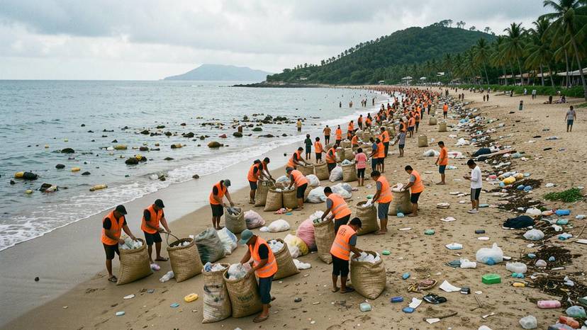 Ocean plastic pollution Philippines: mga boluntaryo sa coastal cleanup sa Lapu-Lapu na nangongolekta ng basura sa dalampasigan