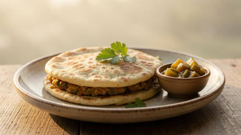 શાકાહારી ડબલ સ્ટફ્ડ પરાઠા પ્લેટમાં, લીલા ધાણા અને અથાણા સાથે, ટકાઉ ભોજનનો સ્વાદિષ્ટ નમૂનો