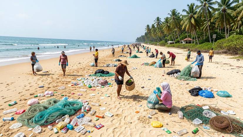 Basura sa dagat sa Pilipinas na may mga boluntaryo na naglilinis ng beach at nangongolekta ng plastic waste