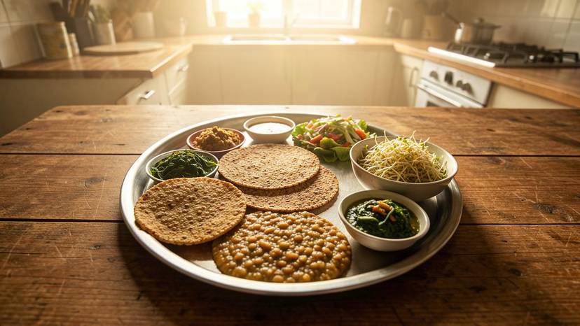 ગુજરાતી પ્લાન્ટ-બેઝ્ડ થાળી જે હૃદયરોગ નિવારણ માટે કોલેસ્ટ્રોલ ઘટાડવામાં મદદરૂપ છે