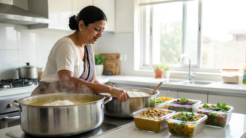 બેચ કૂકિંગ ગુજરાતી રસોડામાં શાકાહારી ભોજન તૈયાર કરતી મહિલા, કાચના કન્ટેનરમાં સંગ્રહિત વાનગીઓ