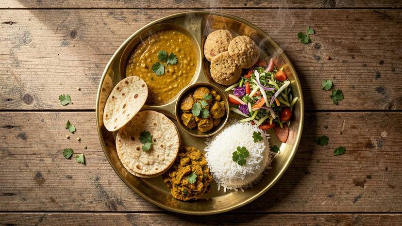 ગુજરાતી શાકાહારી થાળી રેસિપી પ્રોટીન, સ્વાદ અને ખર્ચ વિશેના મિથ્સ ડિબંક્ડ કરતો લેખ માટે હીરો ઇમેજ